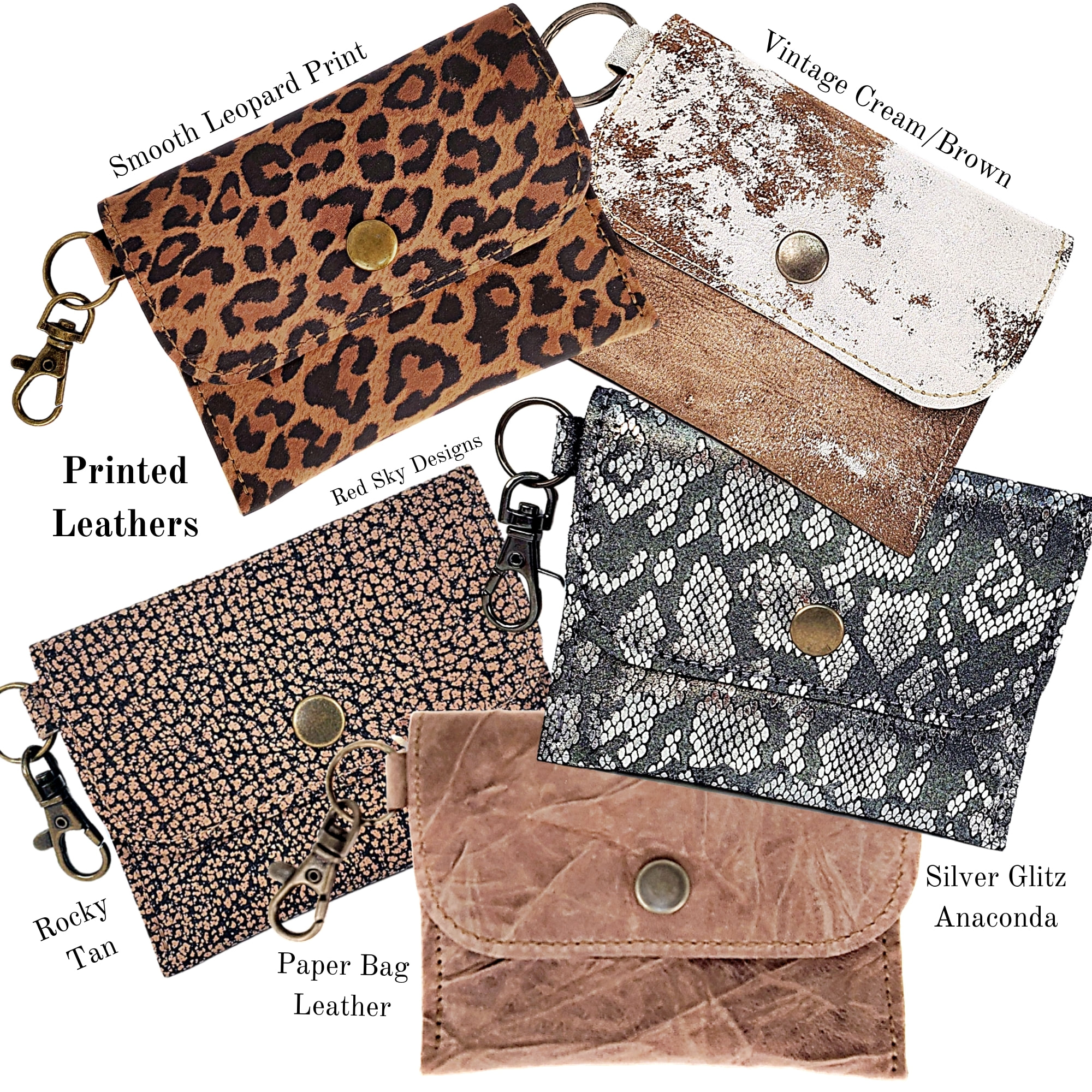 Key Chain ID Card Wallet, Bison Leather, Metallic Leather